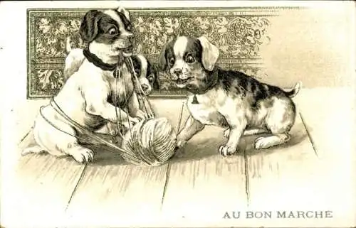 Litho Drei Hunde spielen mit Wollknäuel, Reklame, Au Bon Marche, Maison Boucicaut, Paris