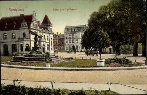 Ak Rendsburg in Schleswig Holstein, Spar- und Leihkasse, Denkmal, Kutsche