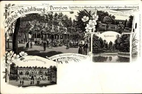 Litho Ahrensburg in Holstein, Hotel Waldburg, Logierhaus, Park, Karpfenteich