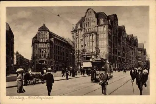 Ak Hamburg, Mönckebergstraße, Straßenbahn, Geschäftshaus