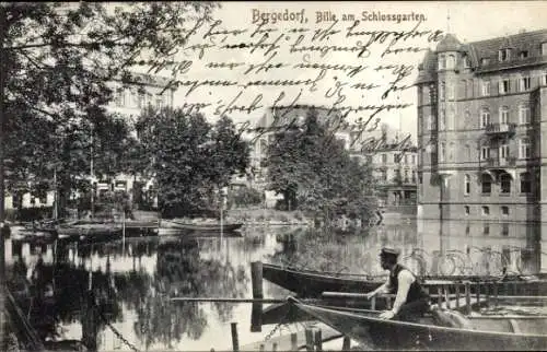 Ak Hamburg Bergedorf, Bille am Schlossgarten, Fischerboot