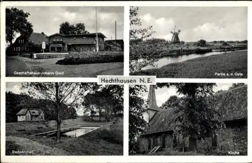 Ak Hechthausen in Niedersachsen, Geschäftshaus Johann Greil, Badeanstalt, Kirche, Oste, Mühle