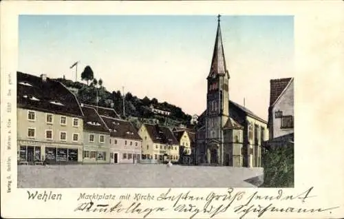 Golden Windows Leuchtfenster Ak Stadt Wehlen an der Elbe Sächsische Schweiz, Marktplatz, Kirche