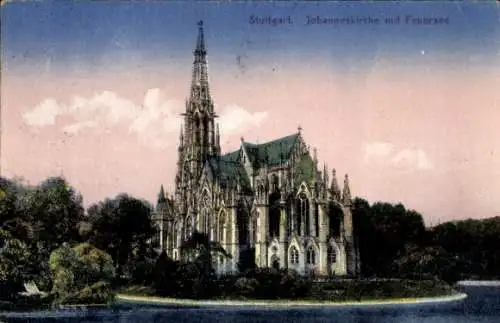 Ak Stuttgart in Württemberg, Johanneskirche mit Feuersee