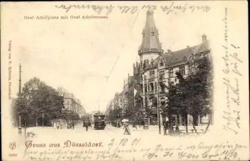 Ak Düsseldorf am Rhein, Graf Adolfplatz, Grad Adolfstraße, Straßenbahn