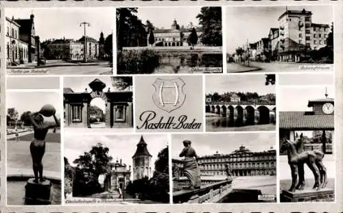 Ak Rastatt im Schwarzwald Baden, Schloss Favorite, Bahnhof, Einsiedlerkapelle, Bahnhofstraße