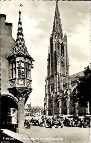 Ak Freiburg im Breisgau, Münsterturm Kaufhauserker, Markt