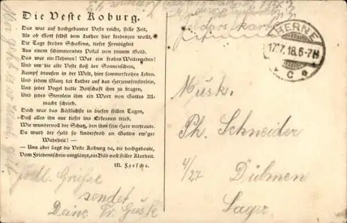 Künstler Ak Coburg in Oberfranken, Veste Koburg, Ein feste Burg ist unser Gott, Luther, Gedicht