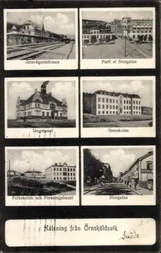 Ak Örnsköldsvik Schweden, Bahnhof, Gleisansicht, Storgatan, Samskolan, Folkskolan