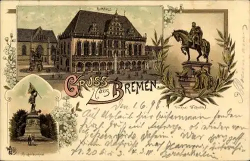 Litho Hansestadt Bremen, Denkmal Wilhelm I., Rathaus, Kriegerdenkmal