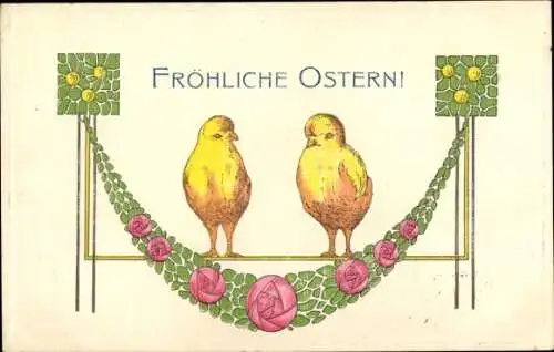 Präge Ak Glückwunsch Ostern, Küken, Blumen