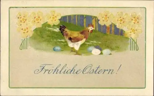 Präge Ak Glückwunsch Ostern, Henne, Eier, Blumen