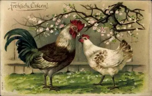 Präge Ak Glückwunsch Ostern, Henne, Hahn, Blühender Baum