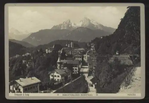 Cabinet Foto Berchtesgaden Nonntau, Straße, Häuser, Kirche, Blick zum Watzmann