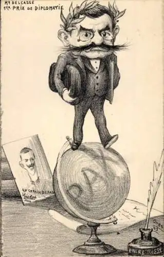 Künstler Ak Orens, Théophile Delcassé, Französischer Politiker, Pax, Globus, Vittorio Emanuele III.