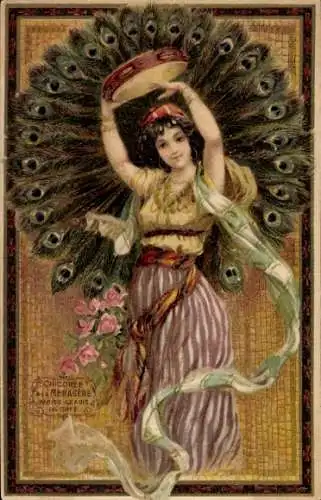 Jugendstil Litho Zigeunerin mit Tamburin, Tänzerin, Pfauenfedern
