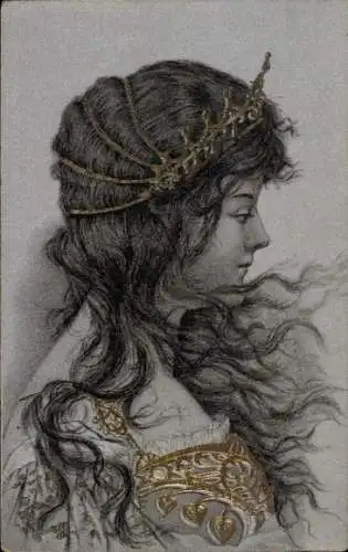 Jugendstil Litho Frauenbildnis, Diadem