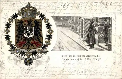 Wappen Ak Steh ich in finstrer Mitternacht, Frau überreicht Wachsoldat ein Paket