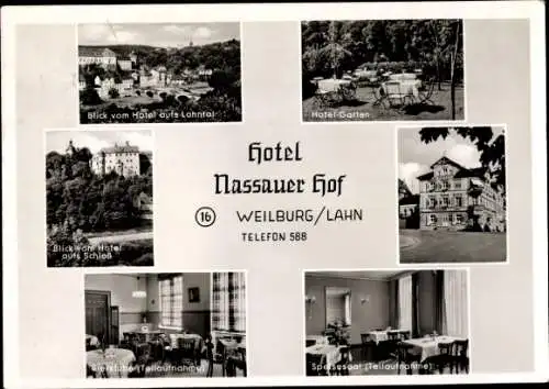 Ak Weilburg an der Lahn Hessen, Hotel Nassauer Hof, Garten, Speisesaal