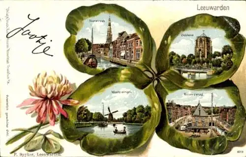 Lithographie Leeuwarden Friesland Niederlande, Westersingel, Nieuwestad, Windmühle, Kleeblatt