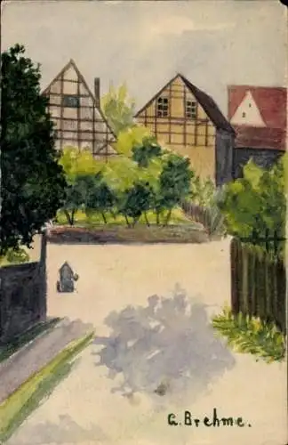 Handgemalt Künstler Ak Brehme, G., Wohnhäuser, Platz, Zaun