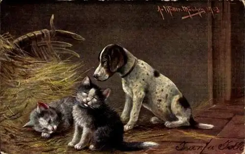 Künstler Ak Müller, August, Katzenjungen mit einem Hund im Heu