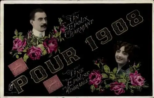 Ak Glückwunsch Neujahr 1908, Liebespaar, Rosen