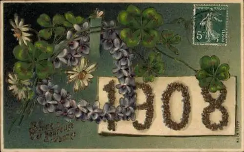 Präge Ak Glückwunsch Neujahr 1908, Glücksklee, Blumen, Veilchen