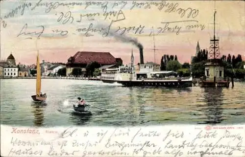 Ak Konstanz am Bodensee, Dampfer im Hafen, Signalturm