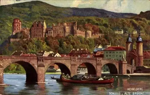 Künstler Ak Heidelberg am Neckar, Ortschaft mit Schloss und alter Brücke