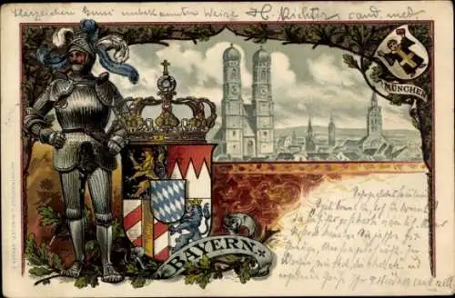 Wappen Litho München Bayern, Frauenkirche, Ritter