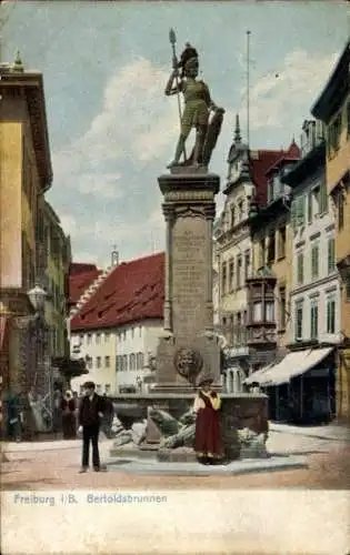 Ak Freiburg Breisgau, Bertoldsbrunnen, Anwohner, Häuser