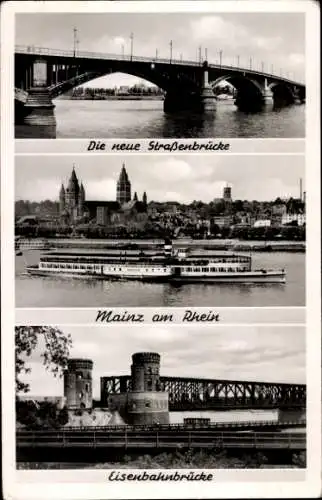 Ak Mainz am Rhein, Die neue Straßenbrücke, Eisenbahnbrücke, Uferansicht, Dampfer