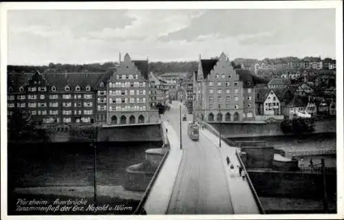 Ak Pforzheim, Auerbrücke, Zusammenfluss von Enz, Nagold und Würm, Straßenbahn