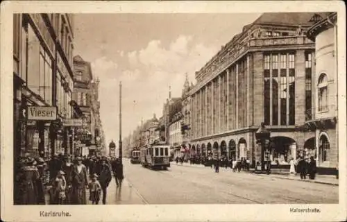 Ak Karlsruhe in Baden, Kaiserstraße, Straßenbahn, Geschäft Vieser