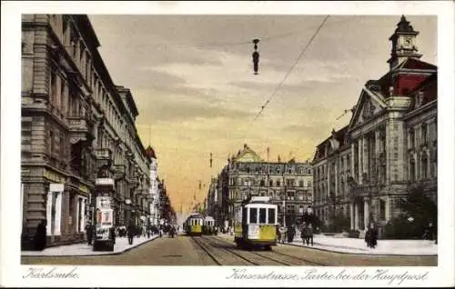 Ak Karlsruhe, Kaiserstraße bei der Hauptpost, Straßenbahn, Litfaßsäule