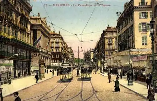 Ak Marseille Bouches du Rhône, La Cannebiere, Bourse, Straßenbahnen