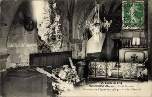 Ak Mondement Marne, Guerre de 1914, Innenansicht Kirche, saccagee par un obus allemand