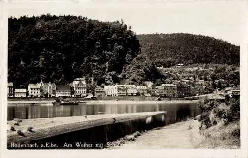 Ak Podmokly Bodenbach Děčín Tetschen an der Elbe Region Aussig, am Weiher mit Schäferwand