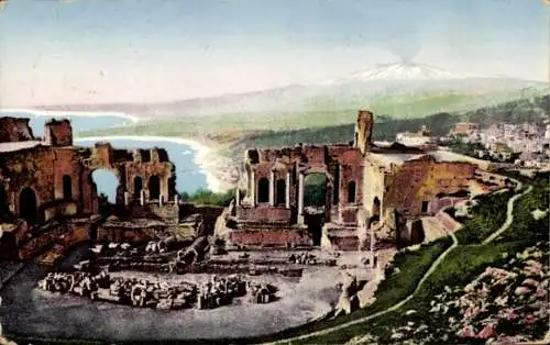 Ak Taormina Sicilia, griechisches Theater, Ruine