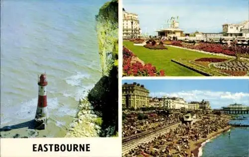 Ak Eastbourne East Sussex England, Beachy Head Lighthouse, Strand, Garten