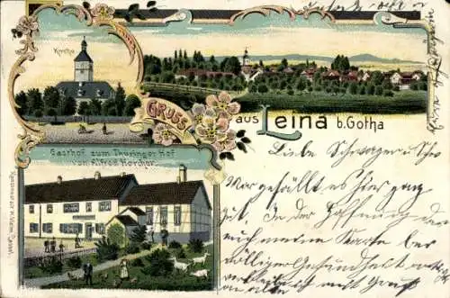 Litho Leina Georgenthal in Thüringen, Kirche, Gasthof zum Thüringer Hof