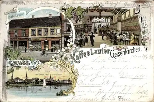 Litho Gelsenkirchen im Ruhrgebiet, Cafe Lauter, Innenansicht, Stadtansicht