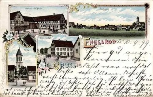 Litho Engelrod Lautertal in Hessen, Gasthaus von Chr. Henkel, Kirche, Totalansicht