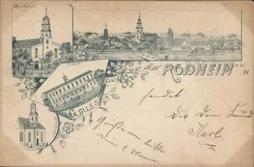 Litho Rodheim Rosbach vor der Höhe Hessen, Schule, Kirche, Totalansicht