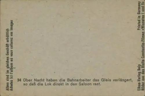 Sammelbild Karl May, Filmszene "Winnetou I" und "Winnetou II", Bild 34, Lok rast in den Saloon