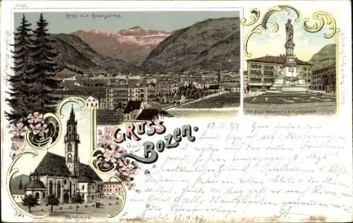 Litho Bozen Bolzano Südtirol, Gries mit Rosengarten, Pfarrkirche, Denkmal Walther von der Vogelweide