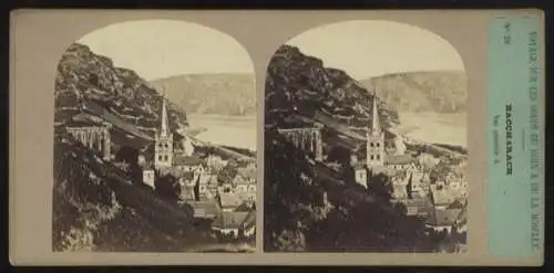 Stereo Foto Bacharach am Rhein, Blick über die Stadt, Kirche, Ruine