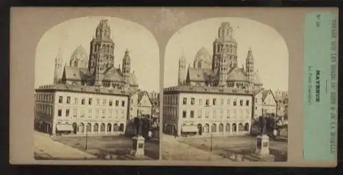 Stereo Foto Mainz Blick zum Gutenbergplatz mit Gutenberg-Denkmal u. Mainzer Dom, J. Bing-Comp.