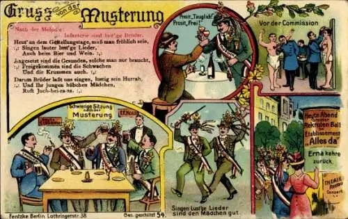 Ak Musterung, Rekruten, Lied Infanterie sind lustige Brüder